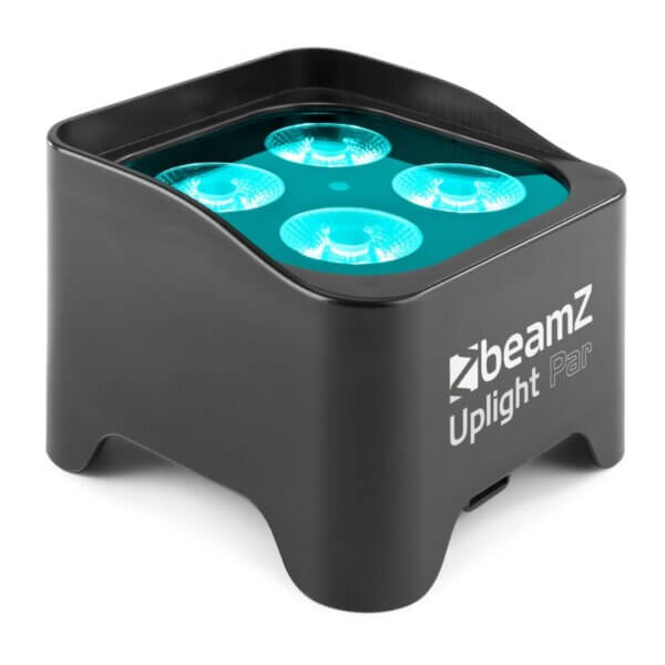 Black metal Beamz battery uplighter shown on white background. 4 LEDs can be seen on the top of the uplighter and they are displayed as blue.