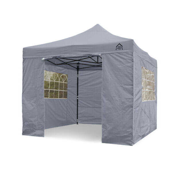 3m x 3m grey gazebo with sides and windows with the front door panel rolled up. On white background