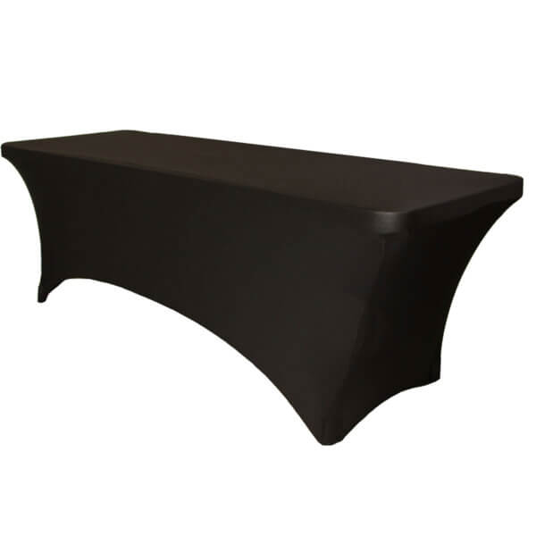 Black stretch cover over a 4ft fold out trestle table. Shown isolated on a white background.