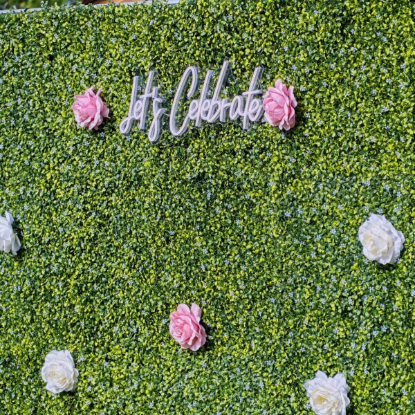 LED neon "Let's Celebrate" sign and pink and white flowers displayed on green boxwood backdrop