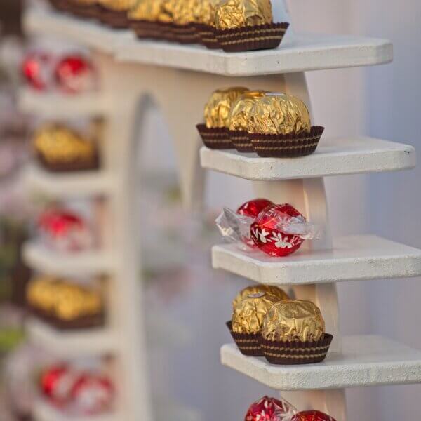 Close up of Ferrero Rocher and Lindor on Heart Treat Display