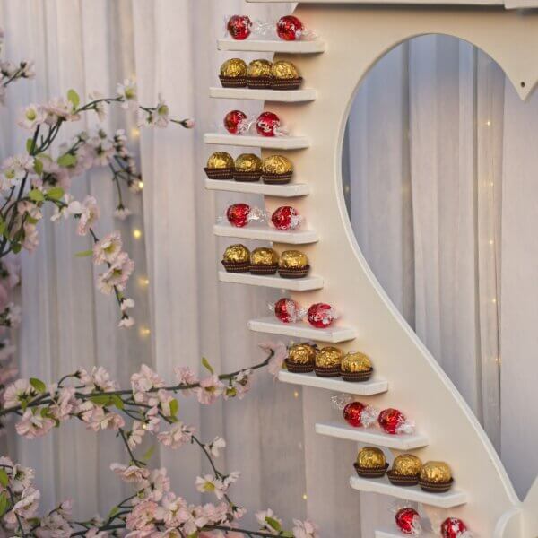 Close up of heart treat display, showing ferrero rochers and lindor chocolate