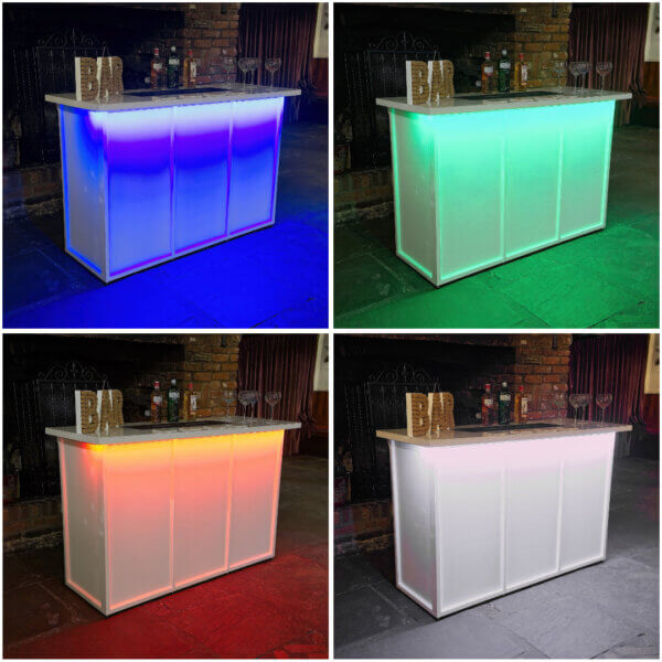 Large mobile bar with LED lighting, shown with 4 static colours; blue, green, red and white