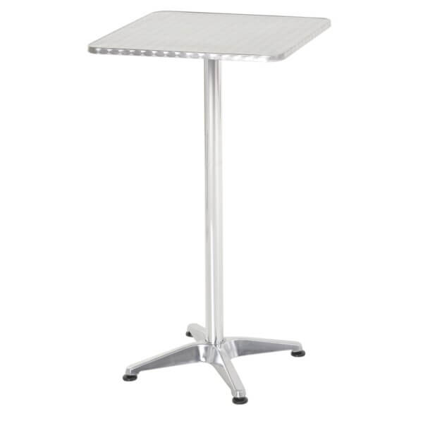 Square silver, metal poseur table sitting on a white background