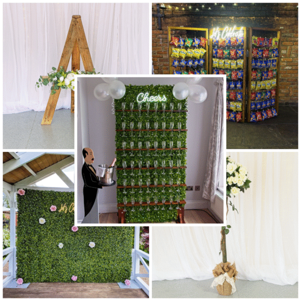 Rustic package including prosecco wall, crisp wall, boxwood backdrop, white rose bushes and rustic easel