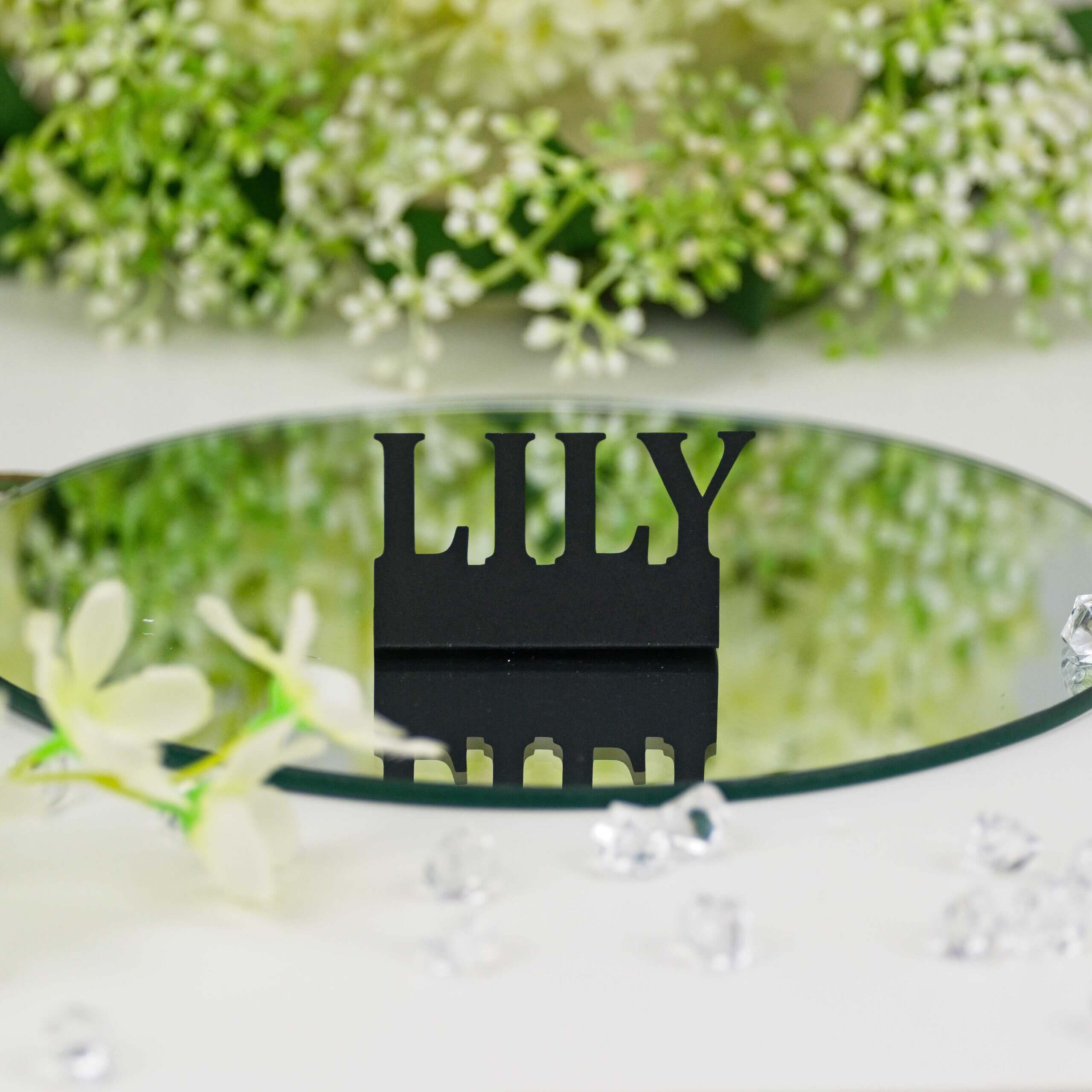 Black "LILY" standing name cut-out on mirror with floral background and acrylic gems, front view.