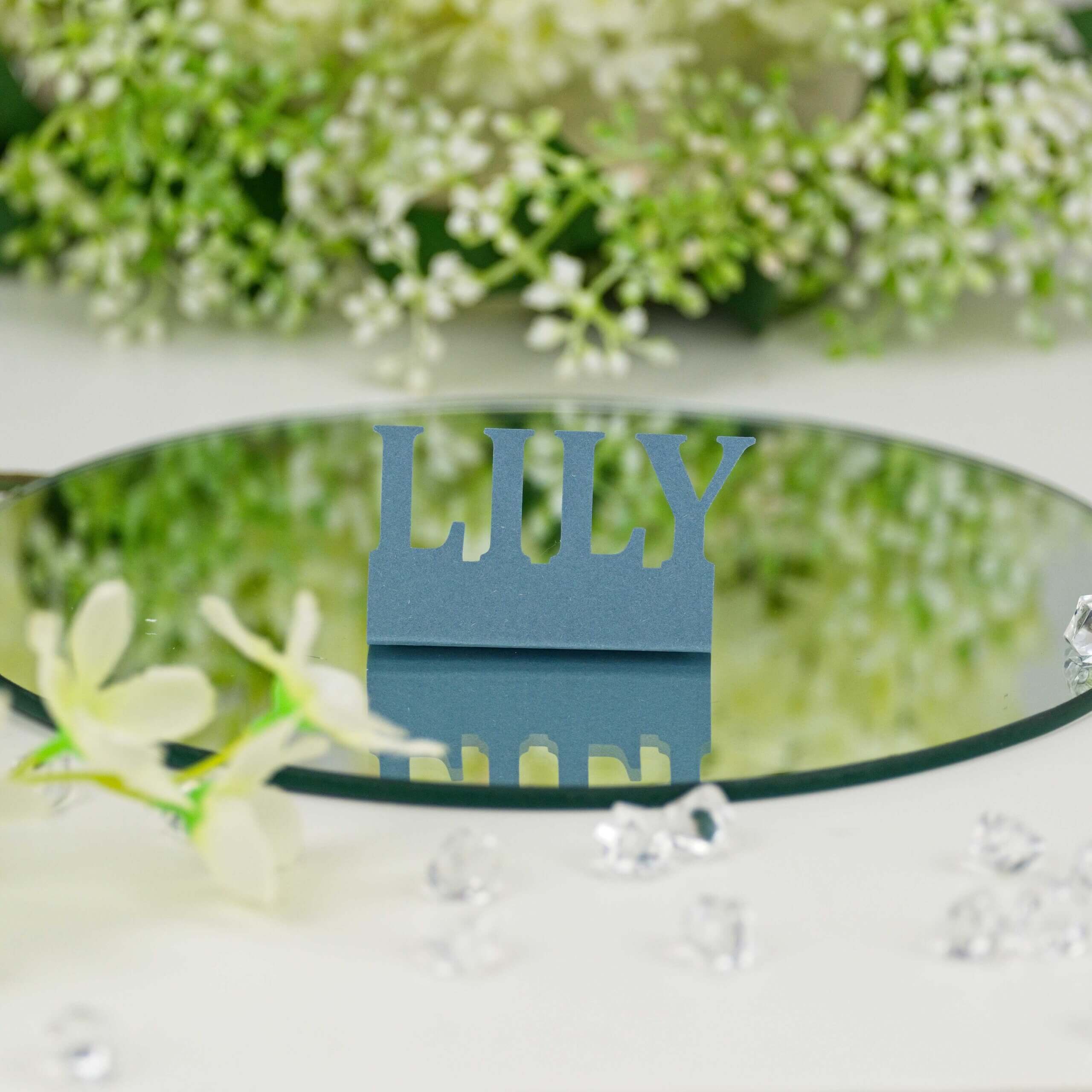 Dusty blue "LILY" standing name cut-out on mirror with blurred greenery and crystal accents, front view.