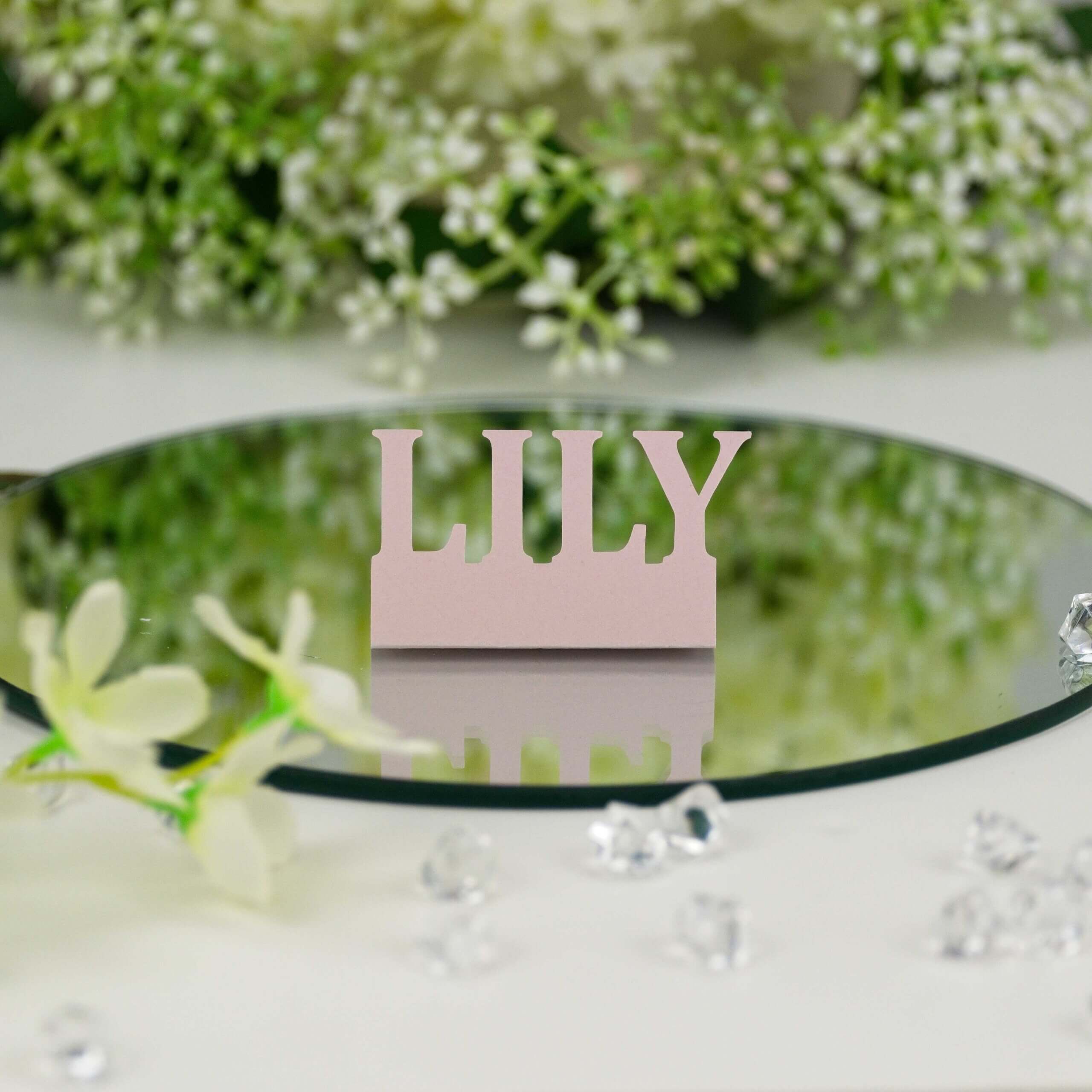 Blush pink "LILY" standing name cut-out on mirror with flowers and gems, front view.