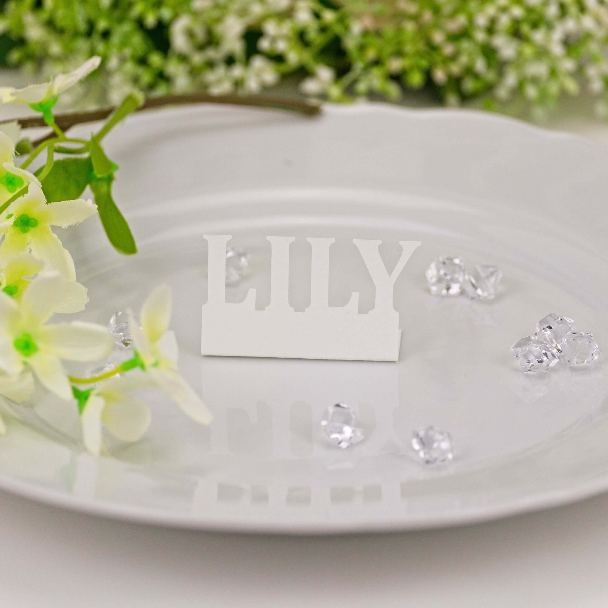 White "LILY" standing name cut-out on white plate with crystal accents and floral props, close-up.