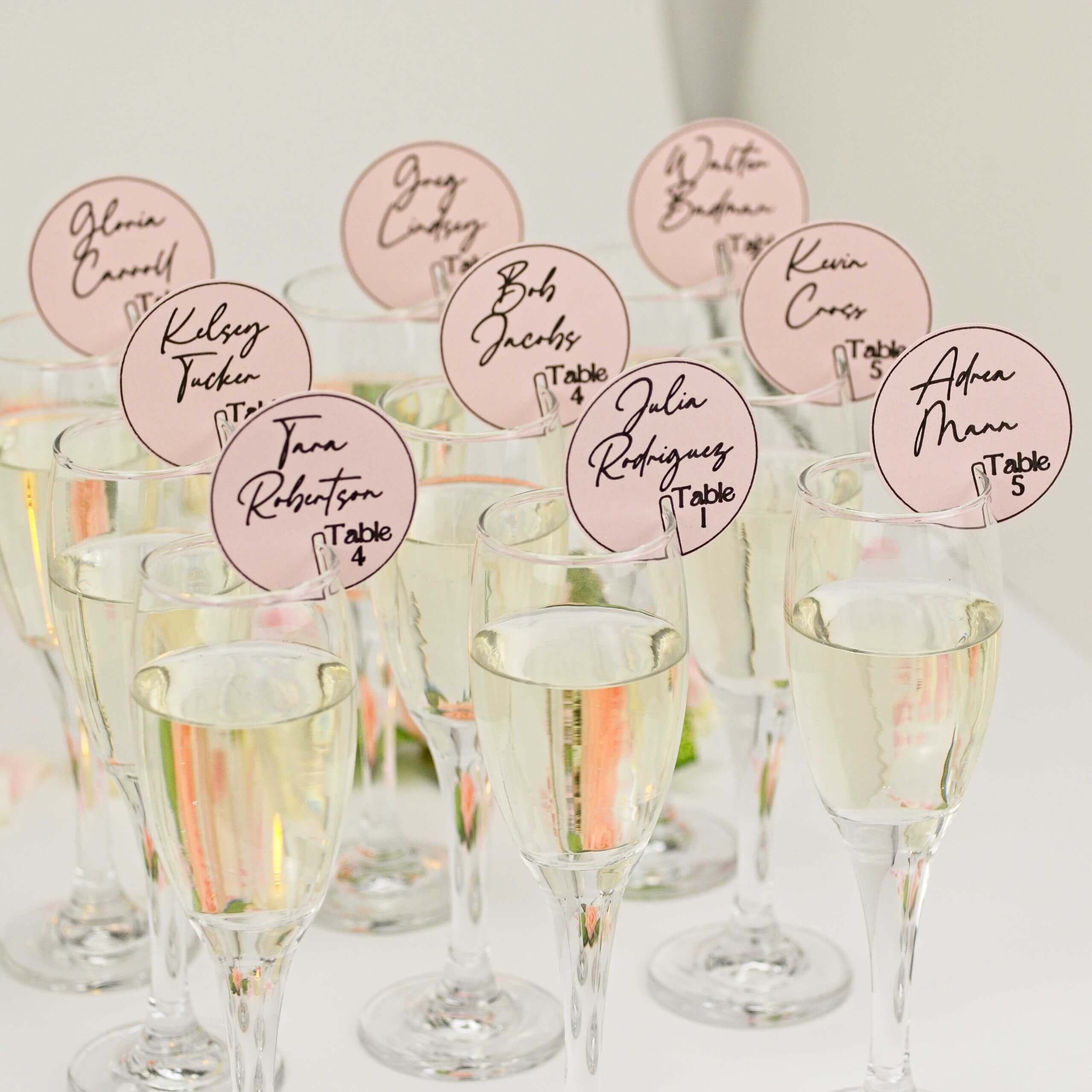 Angled group of flutes each with pink round seating tag; rose backdrop